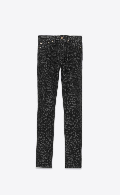 SAINT LAURENT Skinny fit Damen Skinny Jeans mit mittlerer Leibhöhe aus schwarzem Samt mit Leopardenprint a_V4